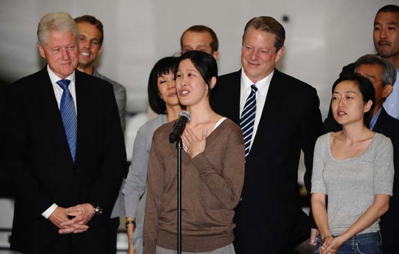 Ling and Lee Laura Ling speaks along with Euna Lee, the Los Angeles journalists for Current TV who have been held in North Korea since March 17th land on US soil at Bob Hope Airport in Burbank CA 4:00 AM PST. They were pardon yesterday during a visit by former president Bill Clinton. Burbank CA/USA. Aug 5,2009. Photos by Gene Blevins/LA Daily News