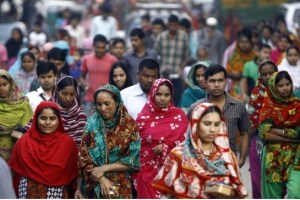 Bangladeshi garment workers arrive for work in Dhaka