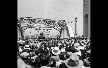 June 16, 1933: Dedication ceremonies of 6th Street bridge and viaduct, built at a cost of $2,383,271. This photo was published in the June 17, 1933 Los Angeles Times.