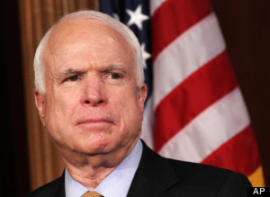 Sen. John McCain, R-Ariz. listens during a news conference on Capitol Hill in Washington, Wednesday, March 28, 2012, to discuss a Congressional resolution condemning the government of Syria for crimes against humanity and supporting the right of the people of Syria to be safe and to defend themselves. (AP Photo/Jacquelyn Martin)